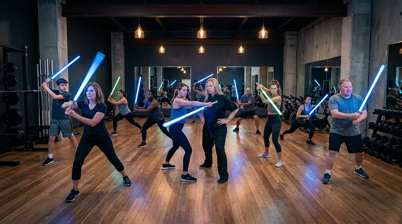 A Total Saber Fit HILT session in motion. Members training with weighted sabers in a modern fitness facility